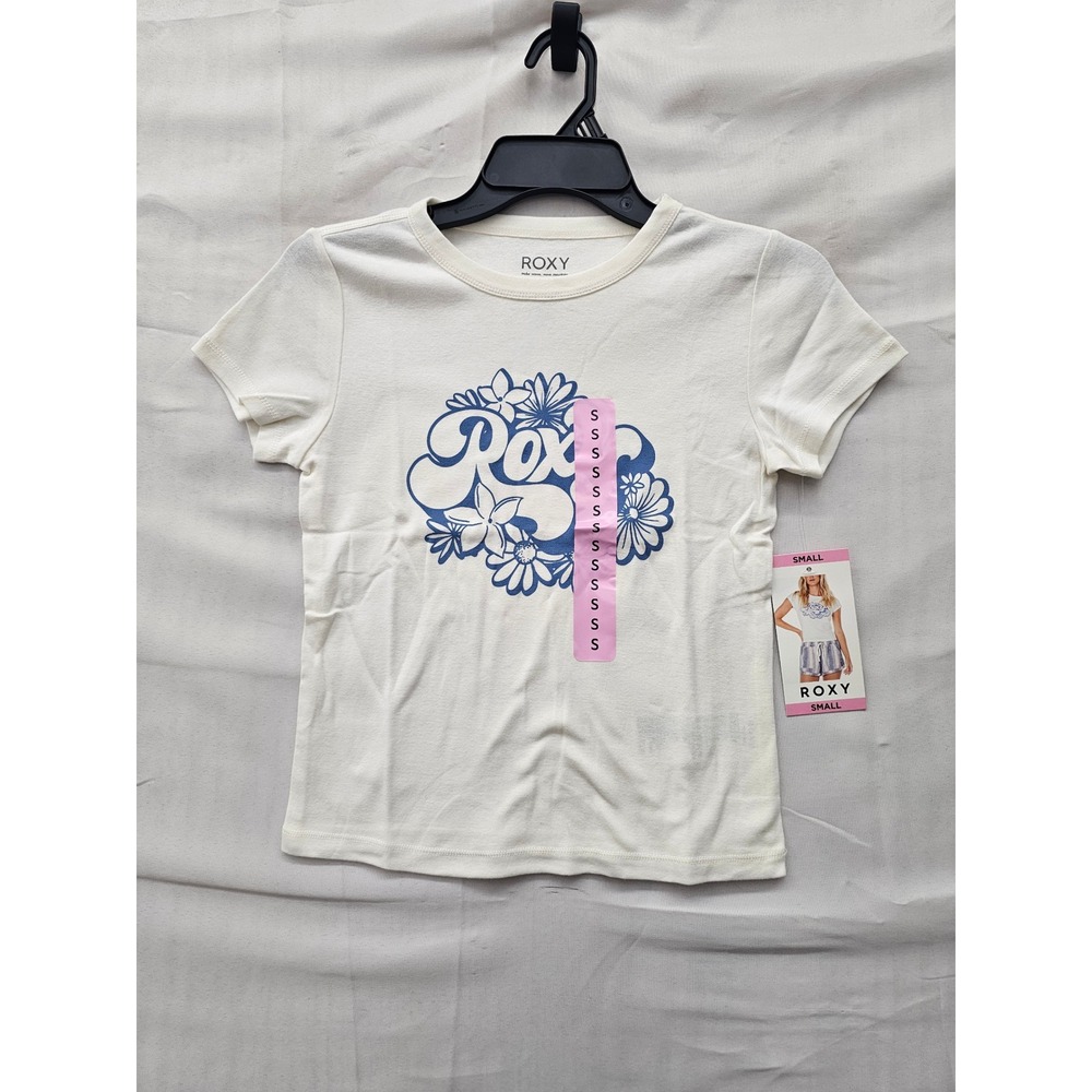 Roxy Womens Floral Graphic Baby Tee Cream Cotton Short Sleeve Casual Size Small